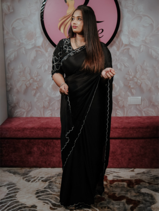 Customized Jet Black Pure Chinon Saree - Exquisite Scallop & Bead Embroidery with Handwork Blouse